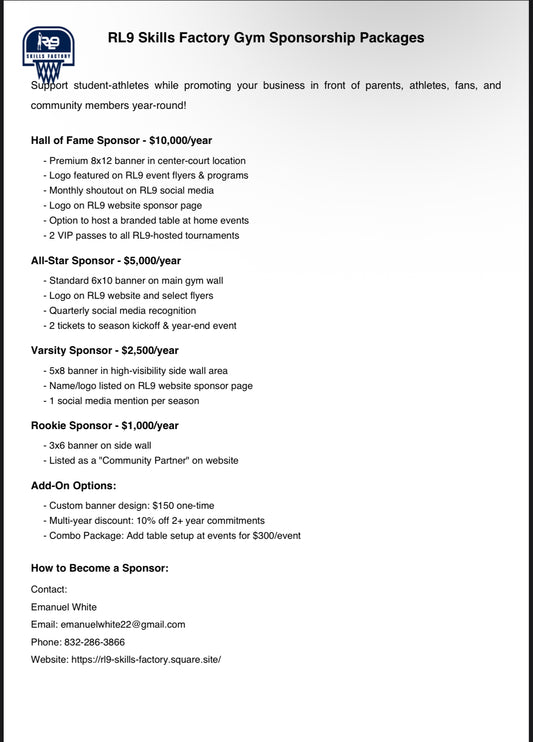 2025-2026 Sponsorship Packages Information For RL9 Skills Factory